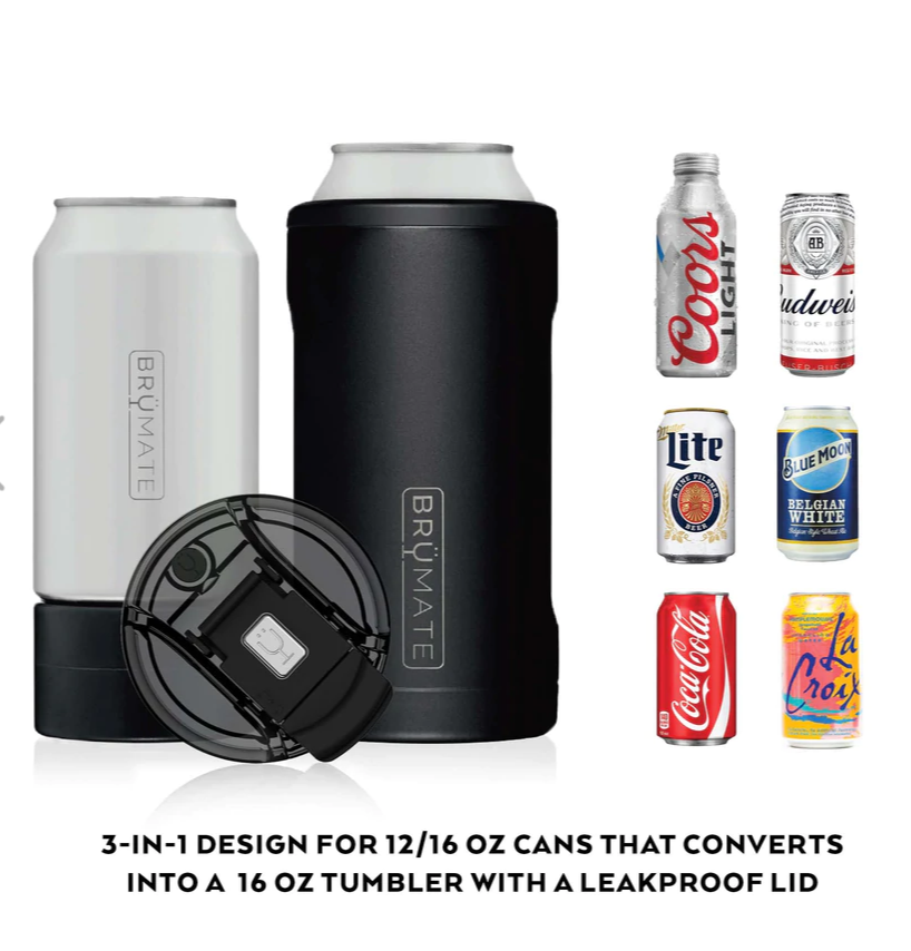 BrüMate 3-in-1 insulated can coolers in black and white with a black leakproof lid displayed alongside popular beverage cans including Coors Light, Budweiser, and colorful La Croix on a white background