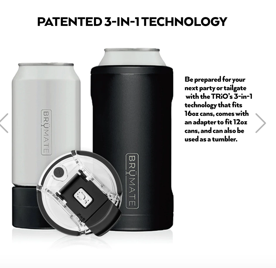 Product photography of a sleek white and a black BrüMate Trio 3-in-1 insulated cooler for 16oz and 12oz cans, shown with a transparent spill-proof tumbler lid featuring the brand logo, all on a clean white background