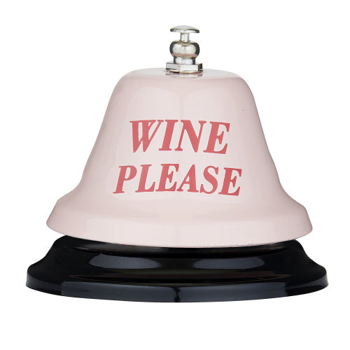Metal novelty bell featuring a pale pink dome with bold red text WINE PLEASE a shiny silver press button and a glossy black base