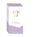 Product packaging by CHEZ GAGNÉ, a white and lavender box featuring gold 'ZEN AF' text for eight lavender and rosemary shower steamers on a white background
