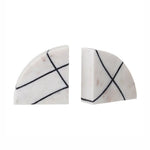 Two black and white marble bookends, each with a V-shaped design, separated from each other on a white background.