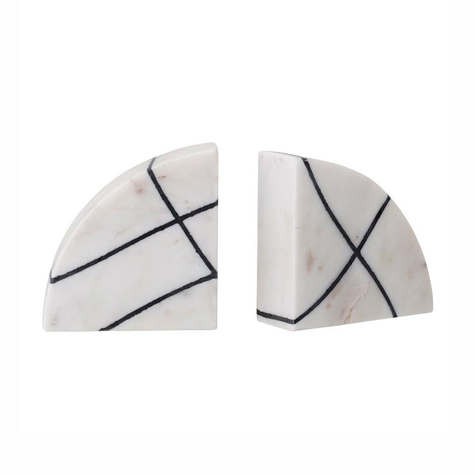 Two black and white marble bookends, each with a V-shaped design, separated from each other on a white background.