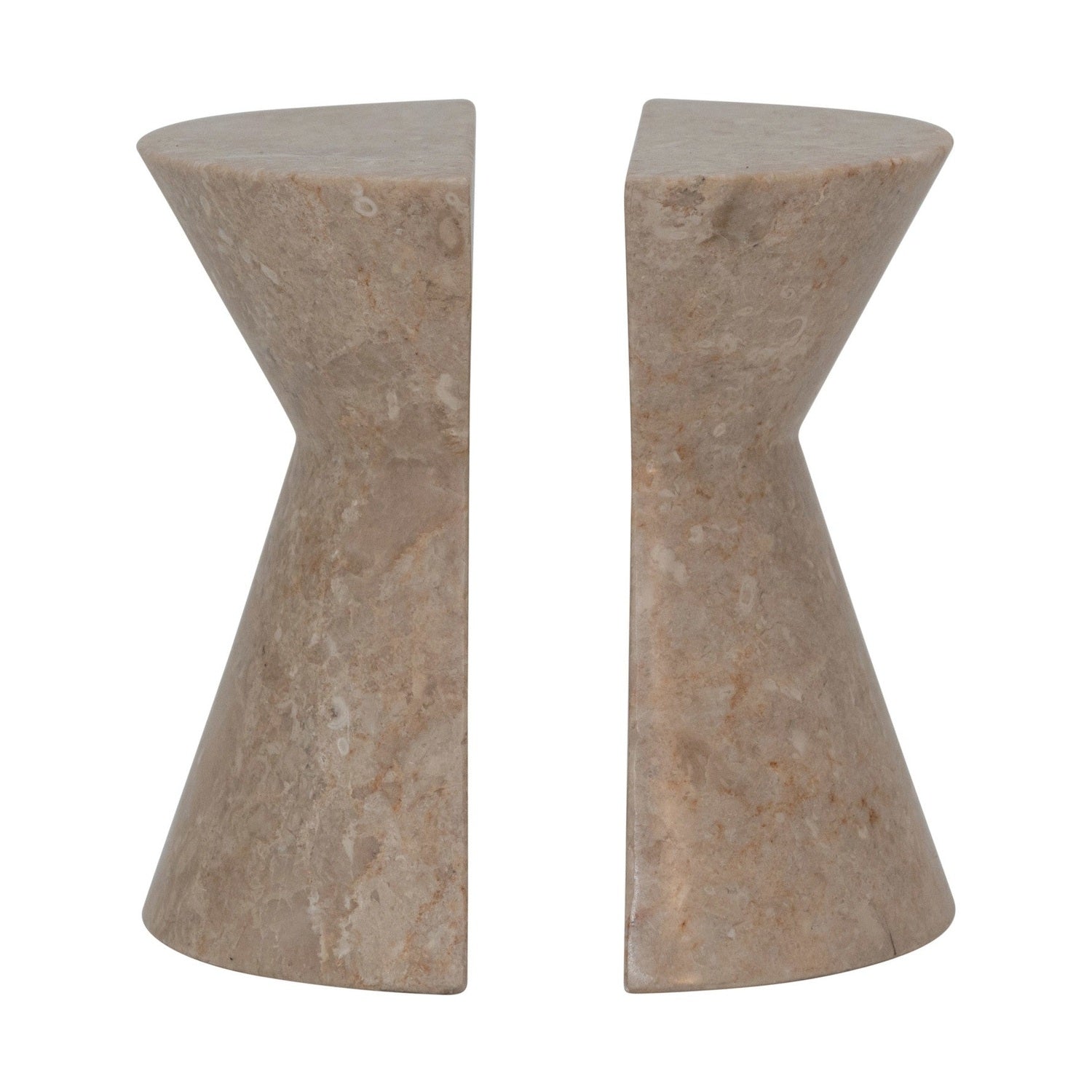 Two beige marble bookends with a solid pattern, placed against a white background.