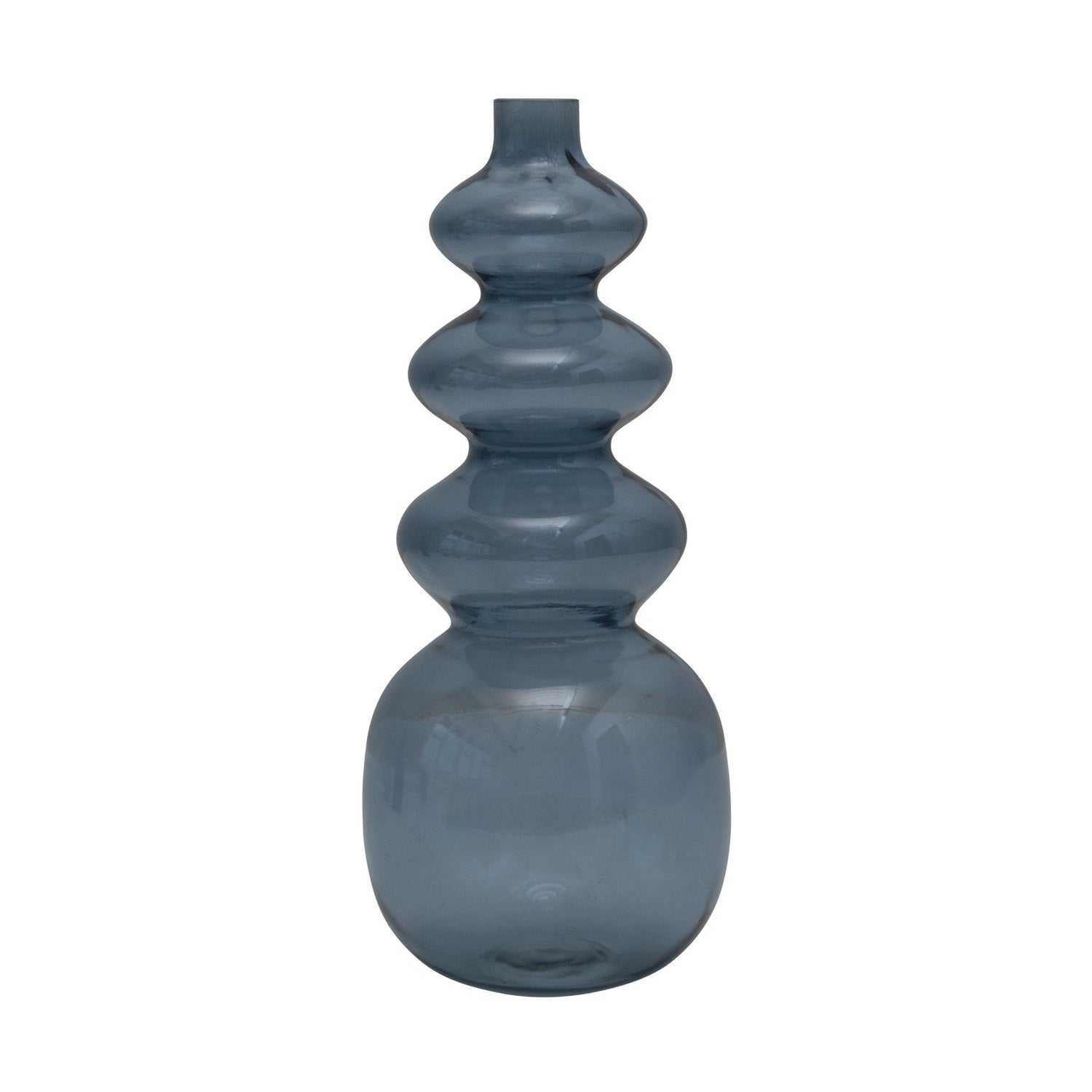 A blue glass vase with a smooth, rounded shape and a long, curved neck.