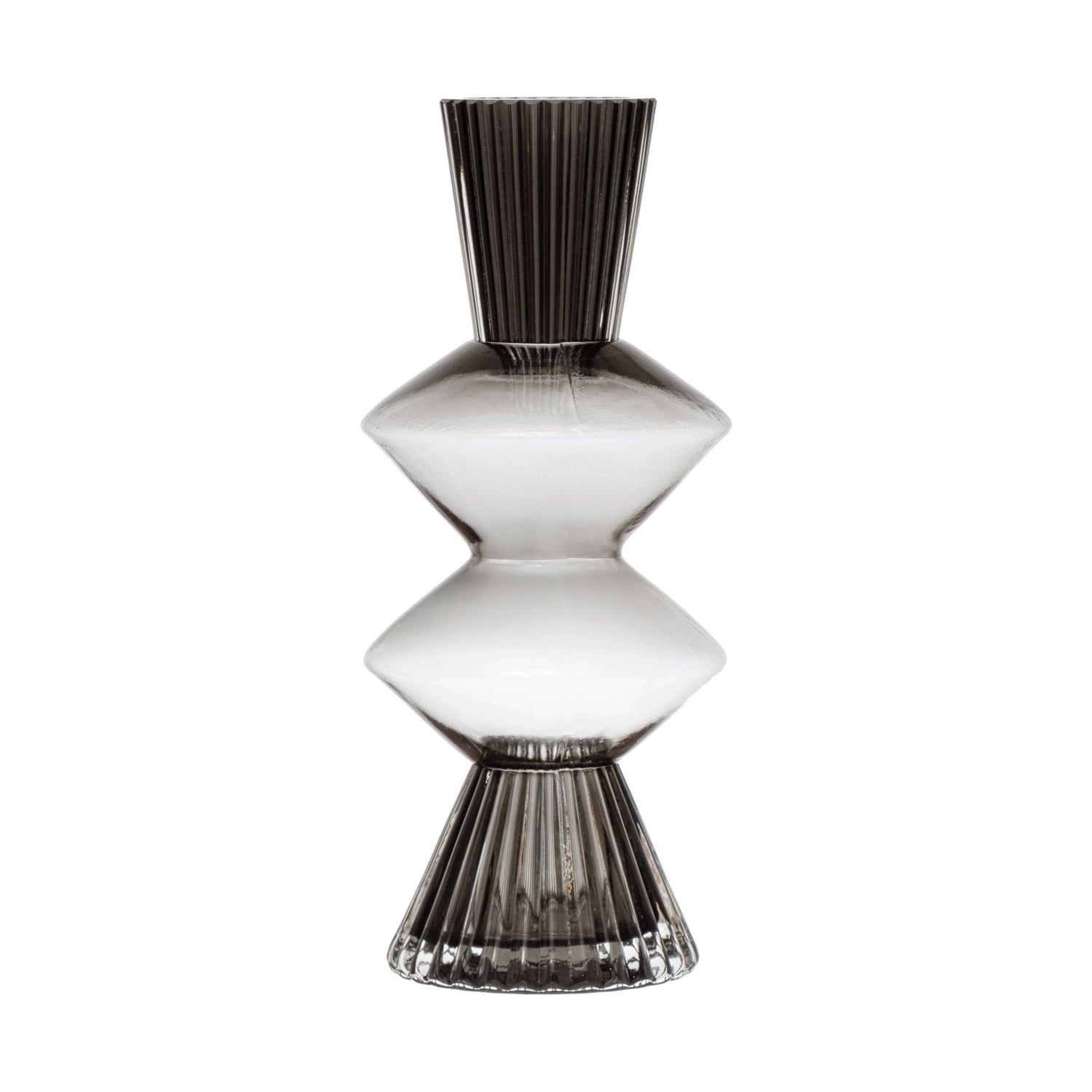A clear glass fluted vase with a smoke color pattern, featuring a geometric shape and a flared design.