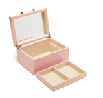 small pink jewelry box with a large inner compartment showing a removed tray with two small compartments.