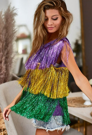 Mardi Gras Tinsel Fringe Long Vest