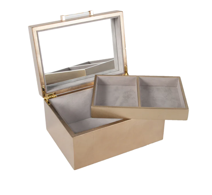 small gold jewelry box opened showing an interior mirro and a removable tray with 2 compartments
