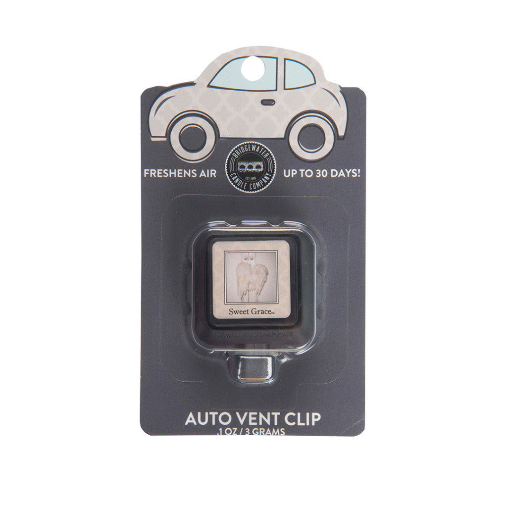 Packaged auto vent clip with the Sweet Grace fragrance, designed to freshen air and last up to 30 days.