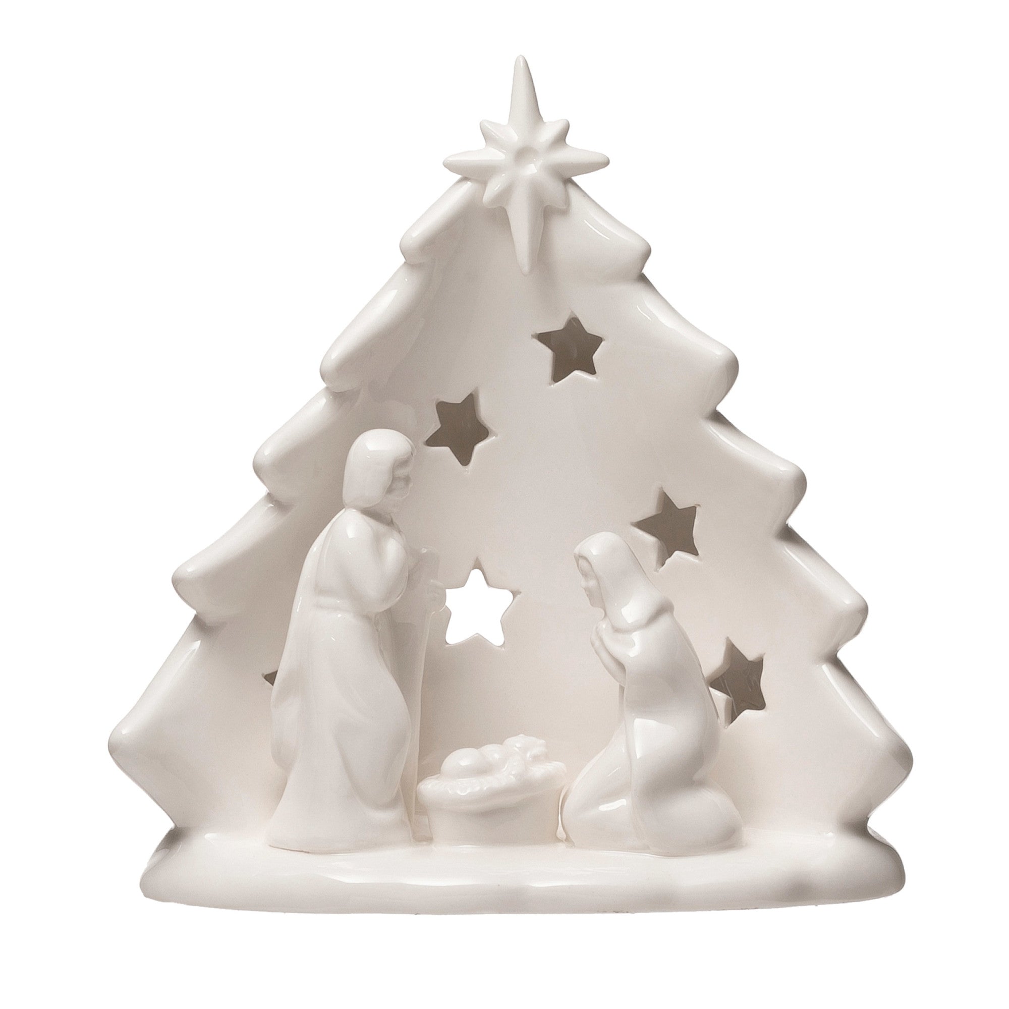Stoneware Holy Family w/ Tree & Cut-Outs